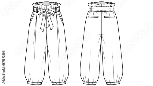 Fashion Illustration of Wide-Leg Paperbag Waist Pants with Self-Tie Belt showcases modern style, offering designers garment construction details for pattern making and apparel