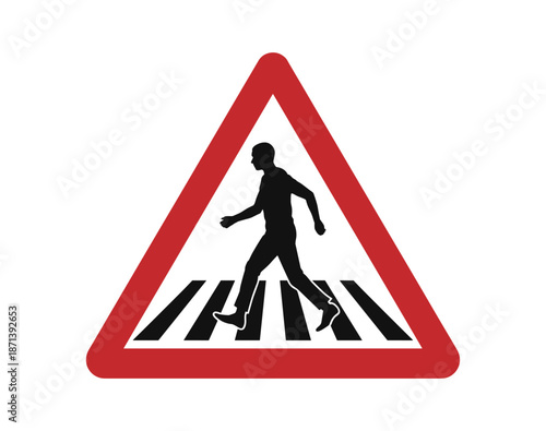 Silhouette of a pedestrian crossing a crosswalk within a red triangular warning sign.