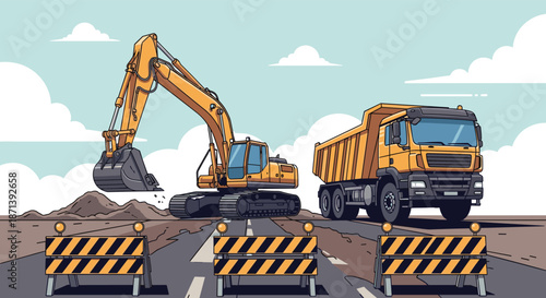 Active road construction scene showing a large excavator and a yellow dump truck working on a highway behind striped safety barriers and clouds.