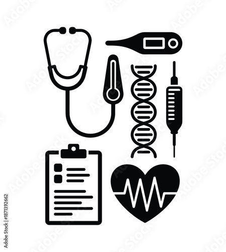 Black medical stethoscope thermometer D N A syringe clipboard heart pulse.