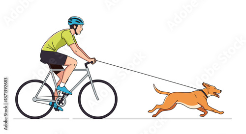 Dynamic illustration of a man in sport gear riding a bicycle while his energetic dog runs ahead on a leash on a clean white background.