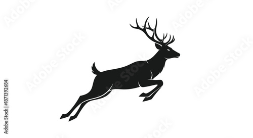 Elegant black silhouette of a powerful buck deer with impressive antlers caught in mid-air during a jump isolated on a white background for design.