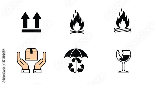 Collection of essential black and color-coded packaging icons including fragile, flammable, keep dry, and recycle for shipping and logistics use.