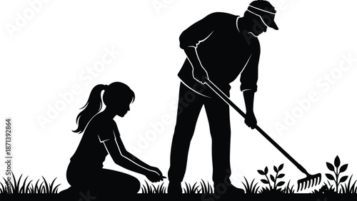Silhouette of a man raking grass and a girl planting flowers in a garden for landscaping, yard work, and outdoor family activity.