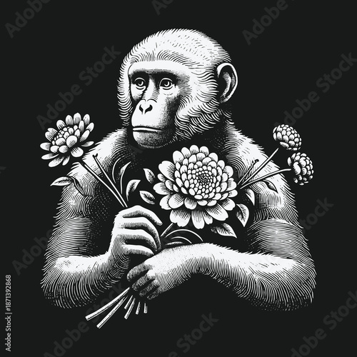Monkey with Flowers: A Vintage Engraving Style Illustration.