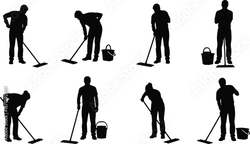 Set of realistic silhouettes featuring male and female cleaners mopping floors with buckets for professional janitorial, commercial housekeeping, and maintenance services.