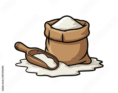 Brown burlap sack filled with white powder and wooden scoop.