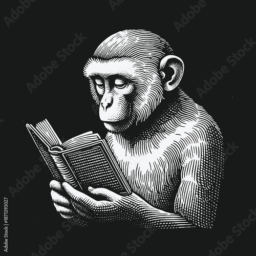 Engraved Monkey Reading a Book with Intense Focus.