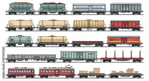Diverse collection of railway freight cars, tankers, and passenger wagons in different colors and types for transport and logistics.