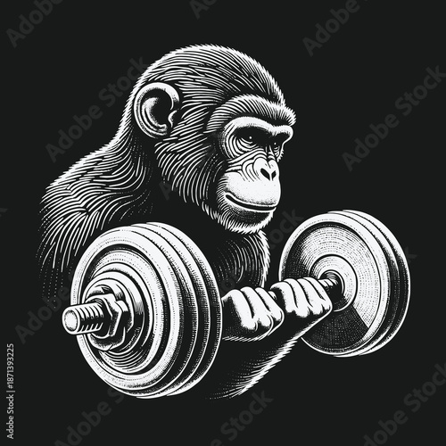 Monkey Strength: A Focused Chimpanzee Lifting Weights with Determination.