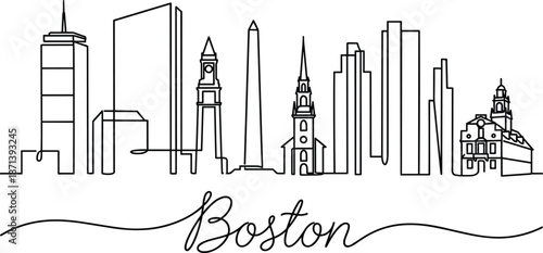 Boston Massachusetts City Skyline One Line Art Illustration Featuring Custom Script Lettering, Famous Landmarks, Minimalist Modern Vector Drawing, and Urban Architecture