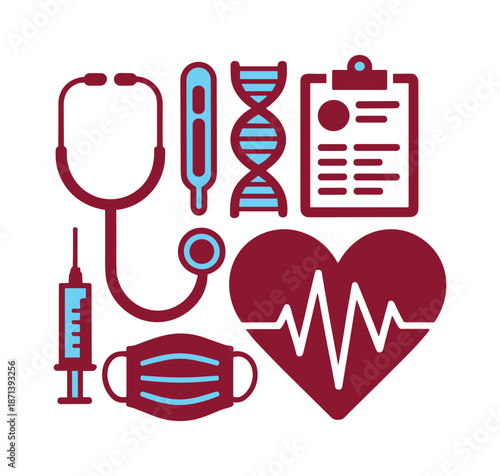 Medical stethoscope syringe thermometer D N A heart pulse mask clipboard health healthcare.