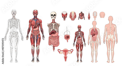 Medical illustrations of female human anatomy including internal organ systems, muscles, and skeletal structure for educational purposes.