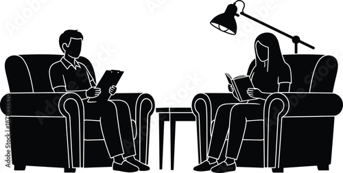 Professional therapy session silhouette featuring male therapist with clipboard and female patient reading in armchair, mental health consultation, psychological counseling.