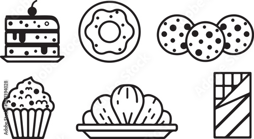 A grid of six distinct dessert and sweet treat icons in black and white line art style