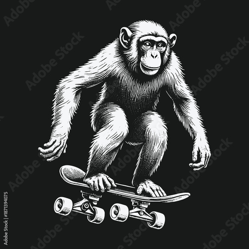 Monkey riding skateboard with determination and focus in black and white.