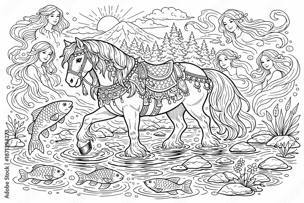 Fototapeta premium Elegant coloring page of a richly adorned pony stepping through a rocky stream with fish as graceful floating muses encircle a sunny mountain landscape, perfect for creatives.