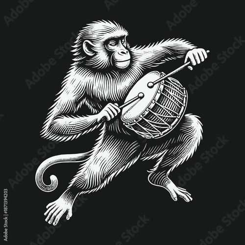 Monkey Drummer: A Vintage Engraving of a Primate Playing Percussion.