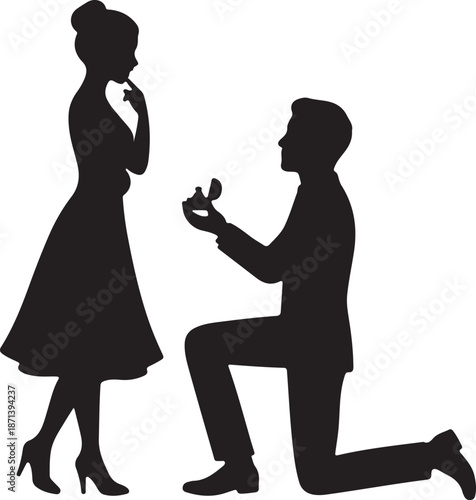 A man kneels presenting an engagement ring to a woman in a romantic marriage proposal scene