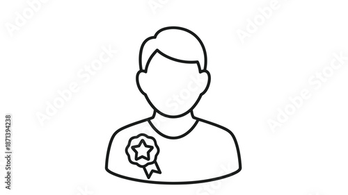 Simple line drawing of a person s head and shoulders with a star badge
