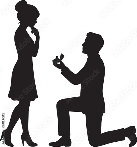 A man on bended knee proposes to a woman who contemplates his marriage offer with a ring