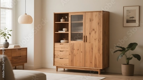 Beautifully crafted wooden cabinet with glass doors and drawers, perfect for modern living spaces