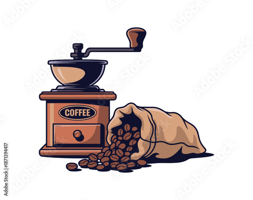 Vintage coffee grinder with spilled coffee beans from burlap sack.
