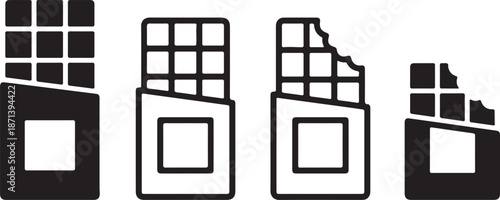 A series of four black silhouette icons illustrate whole and partially eaten chocolate bars in wrappers