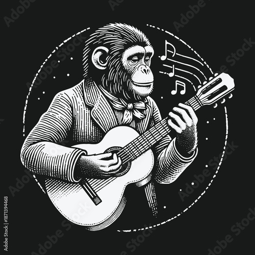 Charming Chimpanzee Serenade: A Musical Monkey in Monochrome.