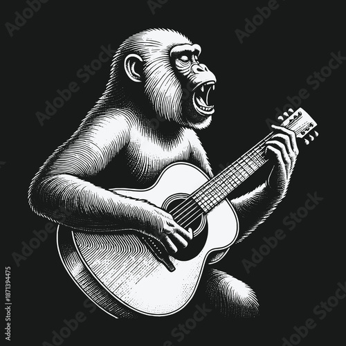 Monkey Serenade: A Chimpanzees Passionate Guitar Performance in Monochrome.