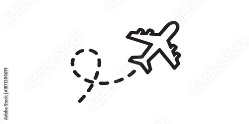 Airplane line path vector icon, flying airliner route symbol, outline and filled style, isolated on transparent background, clean modern travel design