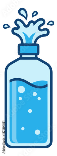 A water bottle with effervescent liquid splashing from the uncapped top.Isolated transparent background ( include cut-out PNG file )