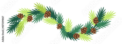 Christmas garland made of pine branches and brown pine cones.Isolated transparent background ( include cut-out PNG file )