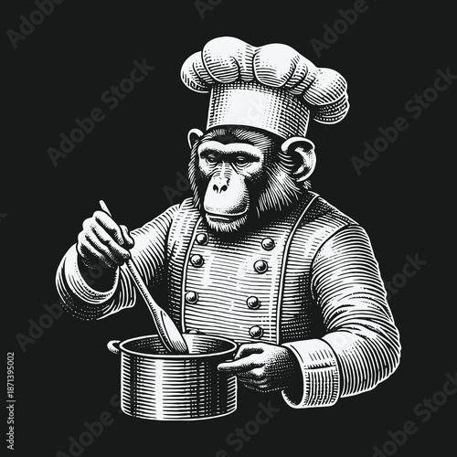 Chimpanzee Chef: A Detailed Engraving of Culinary Artistry.