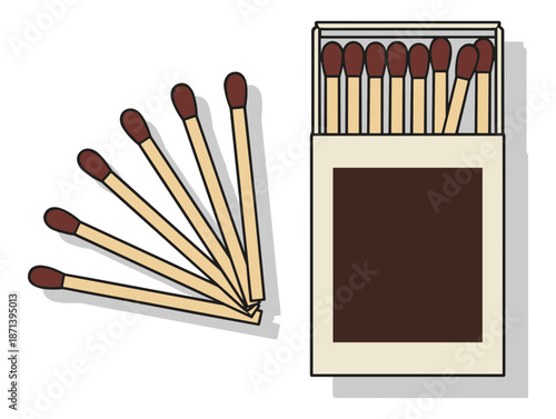 open matchbox light brown matches fan of seven wooden matches red tips.Isolated transparent background ( include cut-out PNG file )