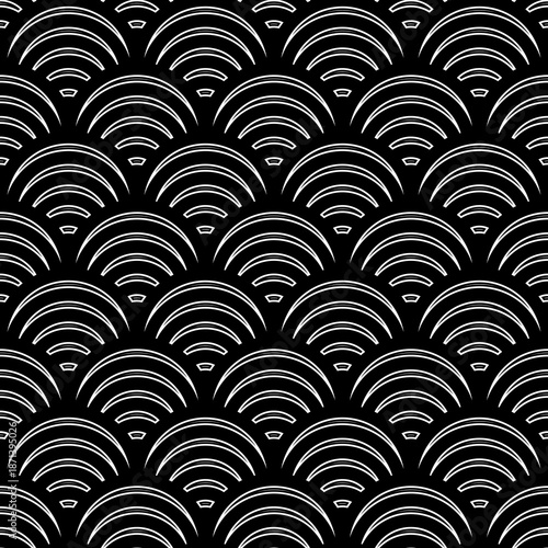 Fish scale wallpaper. Asian traditional ornament with repeated scallops. Repeated black curves on white background. Seamless surface pattern design with semicircles. Grid motif. Digital paper. Vector.