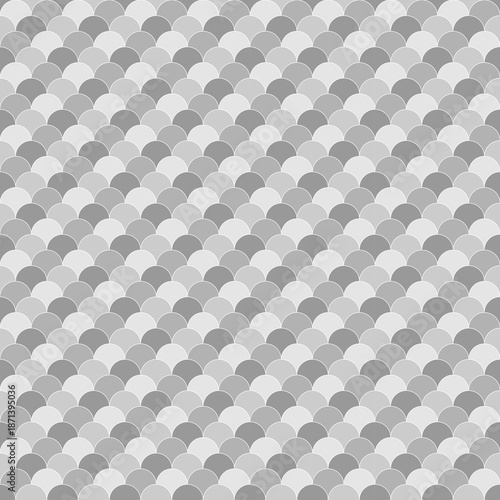 Fish scale wallpaper. Asian traditional ornament with repeated scallops. Repeated white curves on black background. Seamless surface pattern design with semicircles. Grid motif. Digital paper. Vector.
