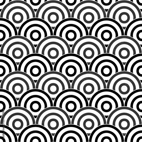 Seamless Japanese pattern with scales. Fish scale wallpaper. Asian traditional ornament with repeated scallops. Repeated circles and semicircles background. Vinyl motif. Surface design. Vector art.