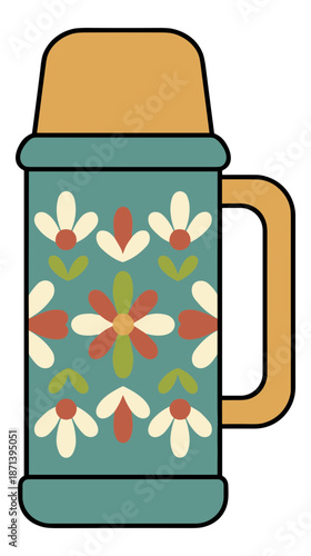 vintage thermos bottle floral pattern insulated container for hot cold drinks.Isolated transparent background ( include cut-out PNG file )
