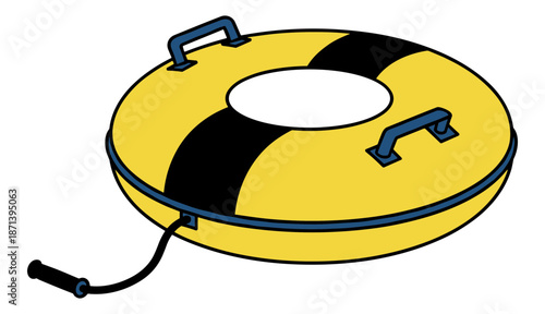 Yellow inflatable snow tubing ring black stripes blue handles graphic art Isolated transparent background ( include cut-out PNG file )