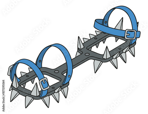 Climbing crampons equipment with sharp spikes and blue straps Isolated transparent background ( include cut-out PNG file )