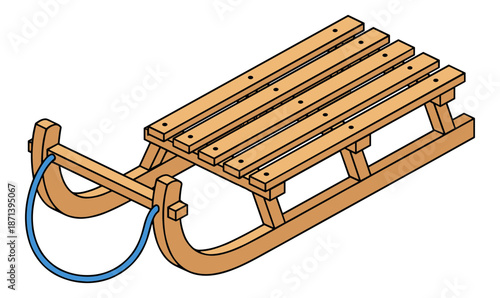 Traditional wooden winter sled with blue pulling rope graphic art Isolated transparent background ( include cut-out PNG file )