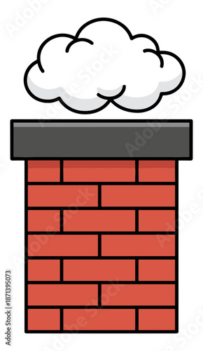 Red brick chimney with gray top puffing out white smoke cloud Isolated transparent background ( include cut-out PNG file )