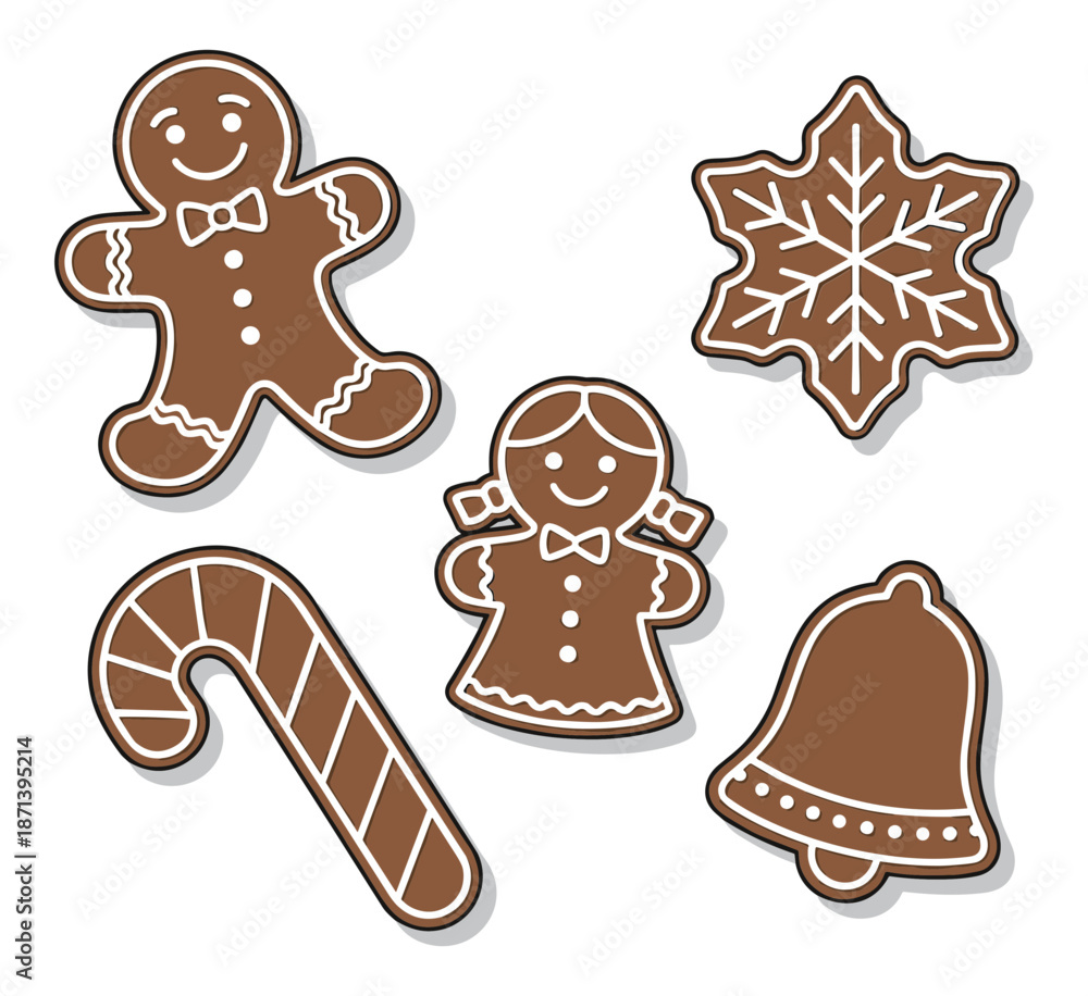 Fototapeta premium A set of five festive brown gingerbread holiday cookies decorated with white icing.Isolated transparent background ( include cut-out PNG file )