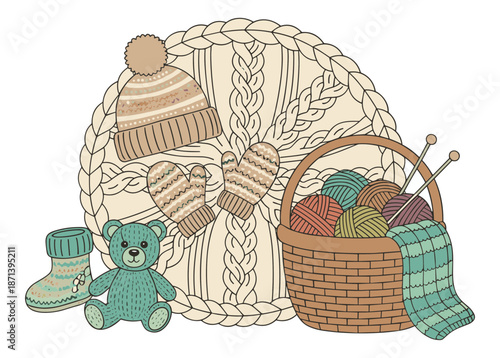 Knitted hat mittens yarn basket teddy bear and boot warm winter items.Isolated transparent background ( include cut-out PNG file )