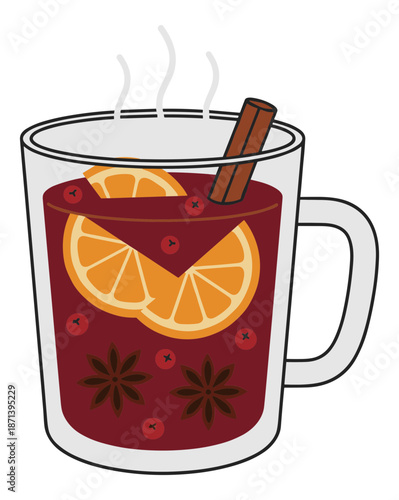 .A steaming mug of hot mulled wine garnished with orange slices and spices.Isolated transparent background ( include cut-out PNG file )