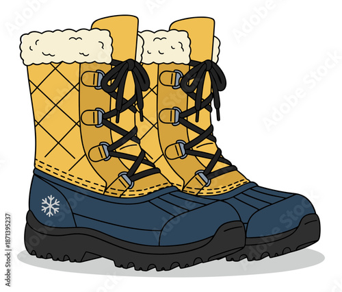 A graphic of a pair of yellow and blue winter snow boots with fleece lining.Isolated transparent background ( include cut-out PNG file )
