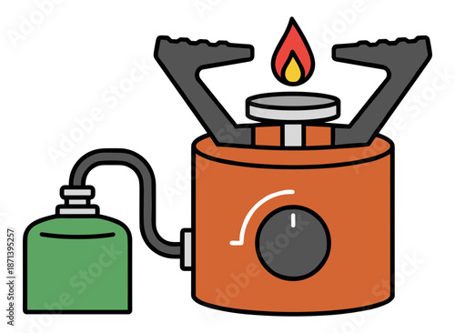 Portable camping gas stove with adjustable flame and detached green fuel canister.Isolated transparent background ( include cut-out PNG file )