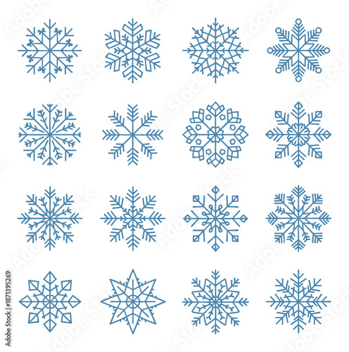 Set collection of unique blue crystalline snowflakes designs against a plain white background Isolated transparent background ( include cut-out PNG file )