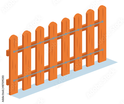 An orange wooden picket fence section with three gray wire rails.Isolated transparent background ( include cut-out PNG file ).